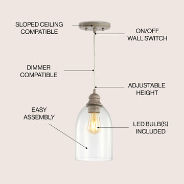 Fontaine 6.25" Adjustable Greige Glass LED Pendant - JONATHAN Y